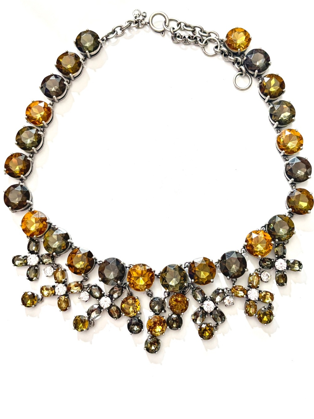 Ann Taylor Statement Crystal Necklace Smoky Topaz Amber Rhinestone Silver Tone